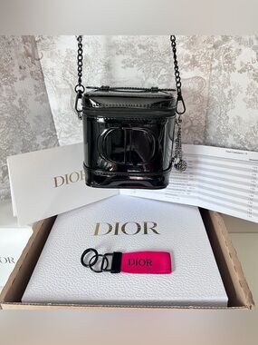 Dior Beauty Shiny Patent Enamel Black Bag Vanity Pouch Train Case Handle Strap